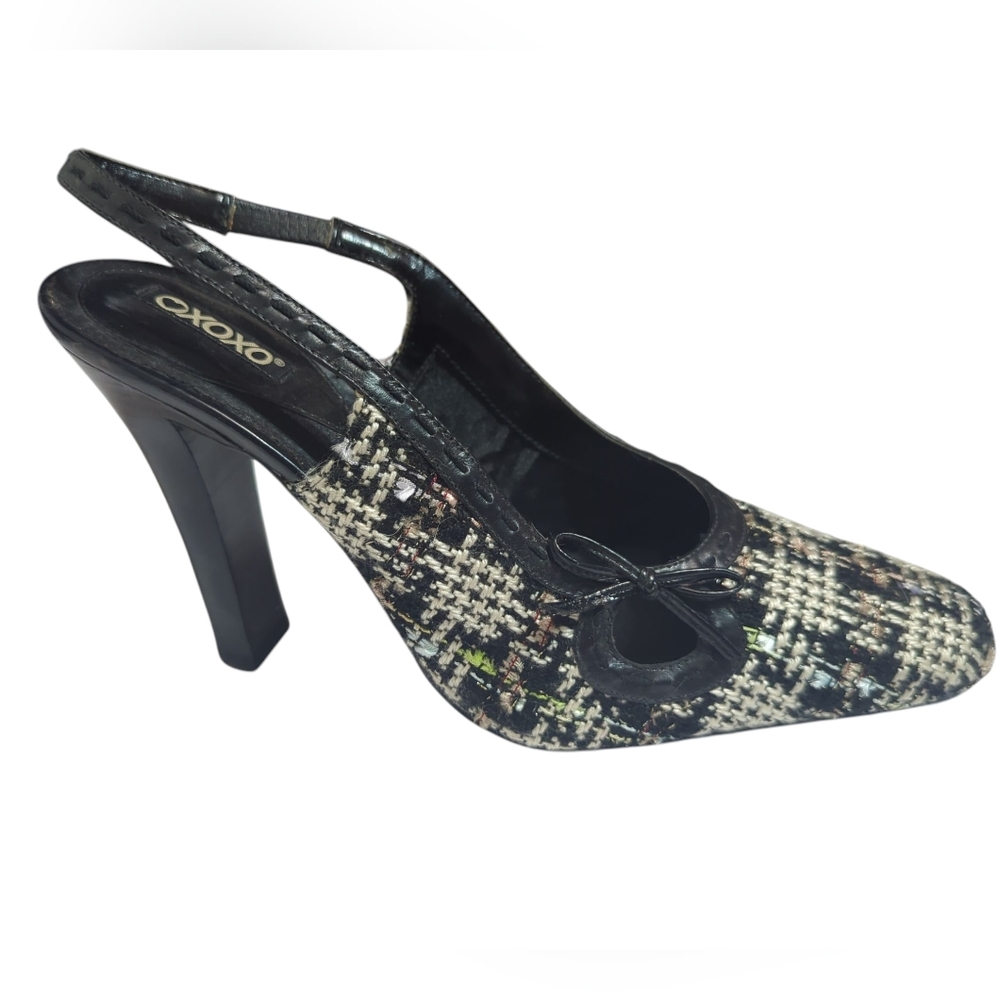 Y2K Deadstock Women's Tweed Bow High‎ Heels Slingbacks 90s Dress Shoes Size 9.5